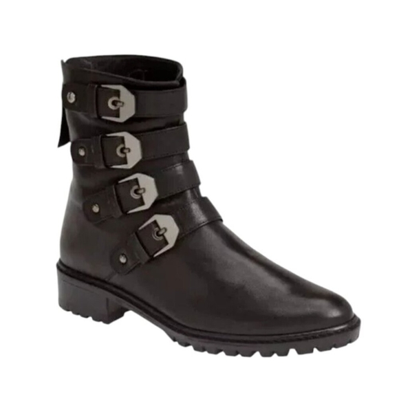 Stuart Weitzman Jitterbug Boot Leather Moto Four Buckle Black Round Toe Ankl 8 - Picture 1 of 14